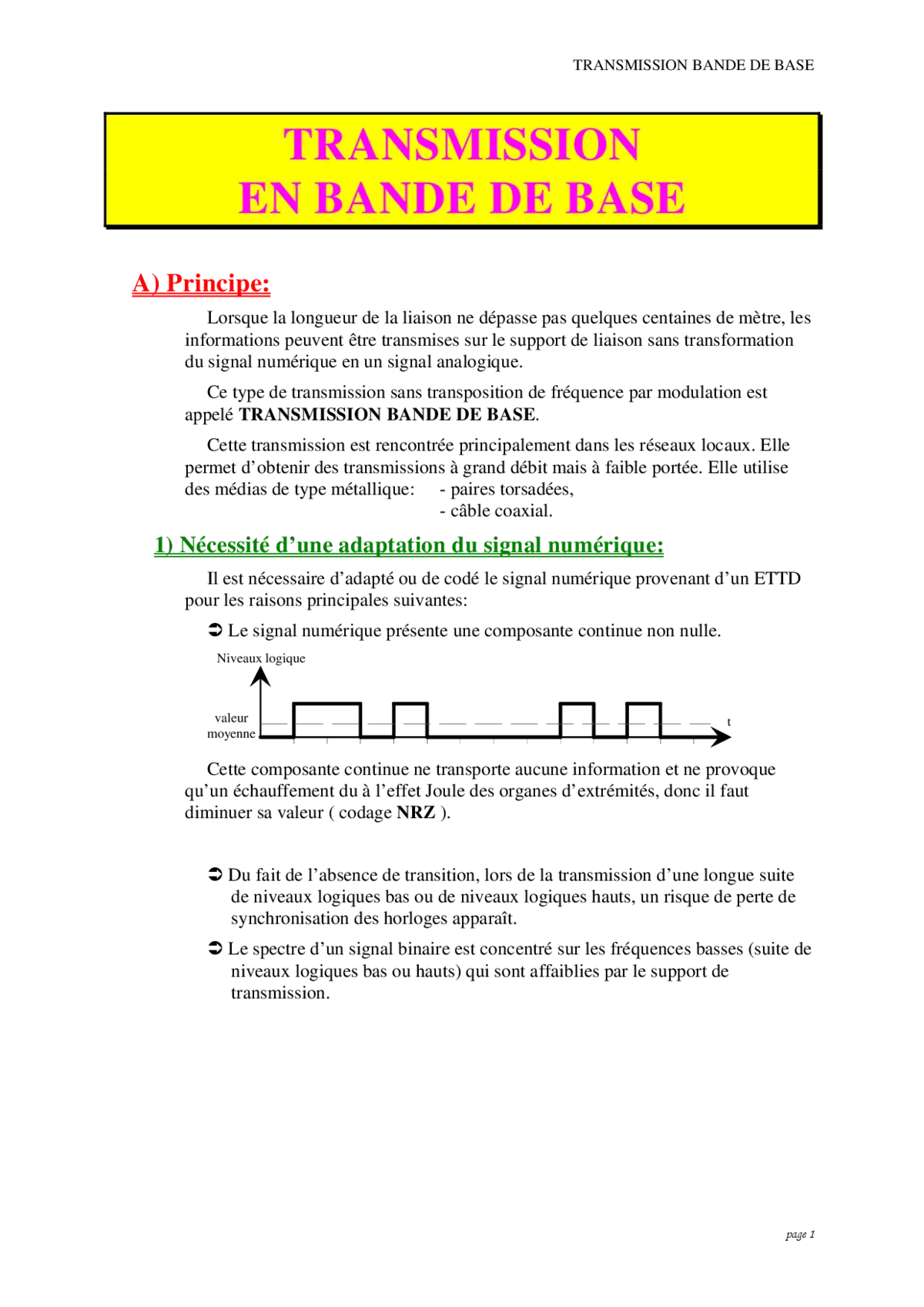 Transmission en bande de base - Principes et applications