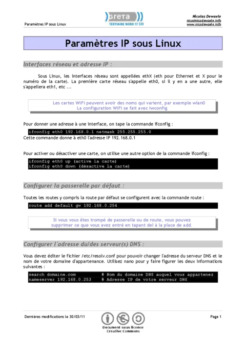 Paramètres IP sous Linux